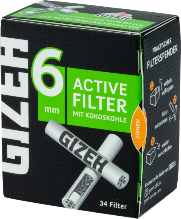 GIZEH Black Active Filter 6mm, Inhalt 34 Filter Länge Filter 27mm, Aktivkohle aus Kokosnussschalen