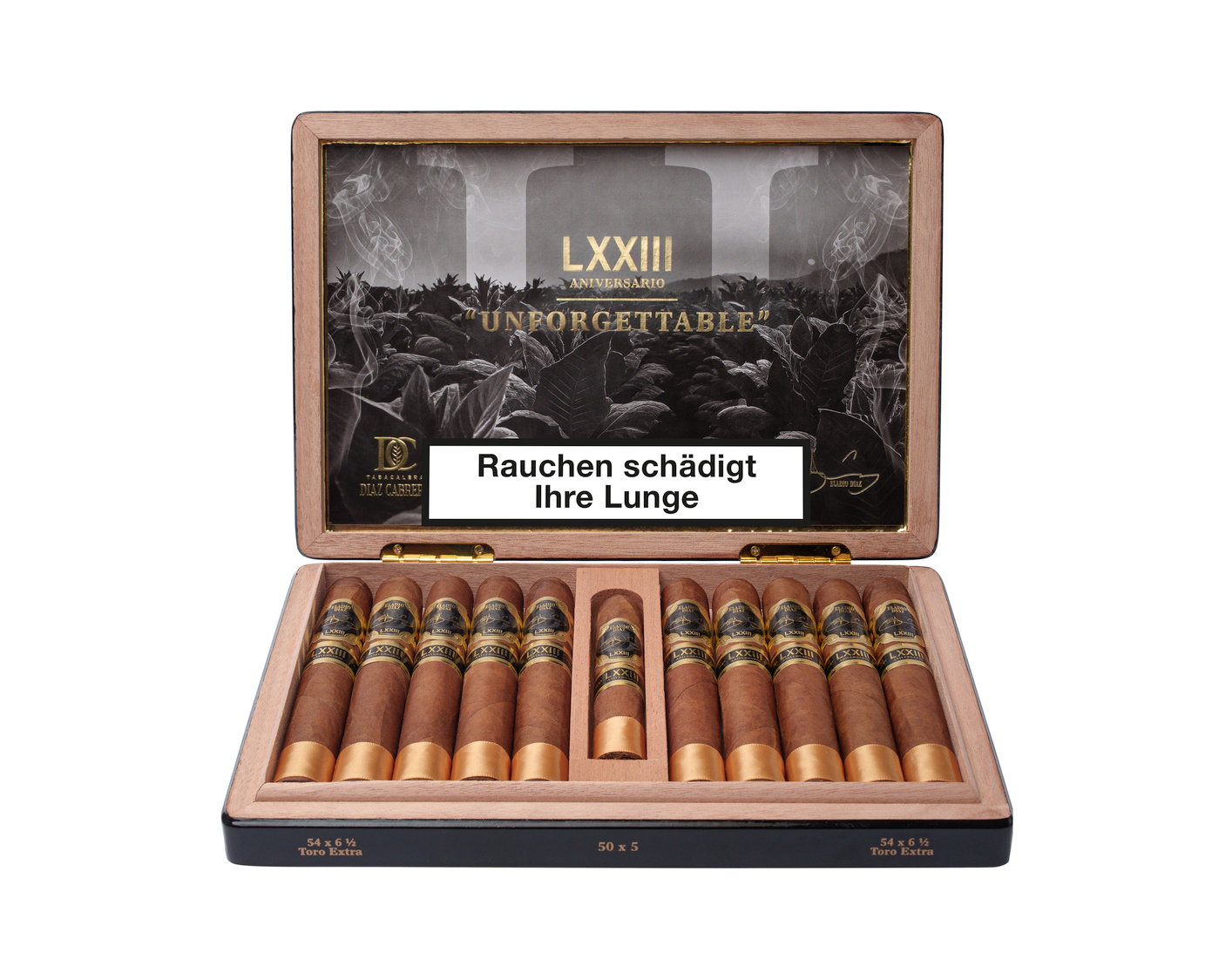 Eladio Diaz 73rd Anniversary Zigarrenkiste offen front mit 11 Zigarren (Toro Extra+Robusto)