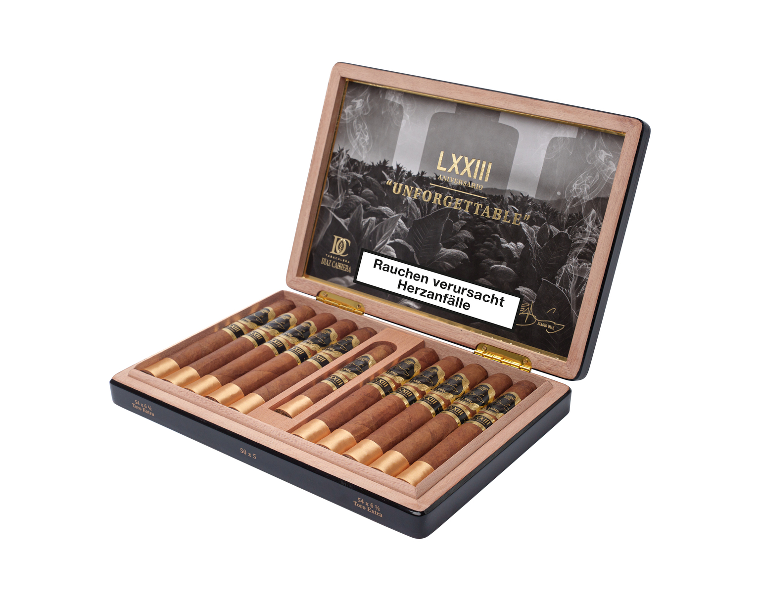 Eladio Diaz 73rd Anniversary Zigarrenkiste offen seitlich mit 11 Zigarren (Toro Extra+Robusto)